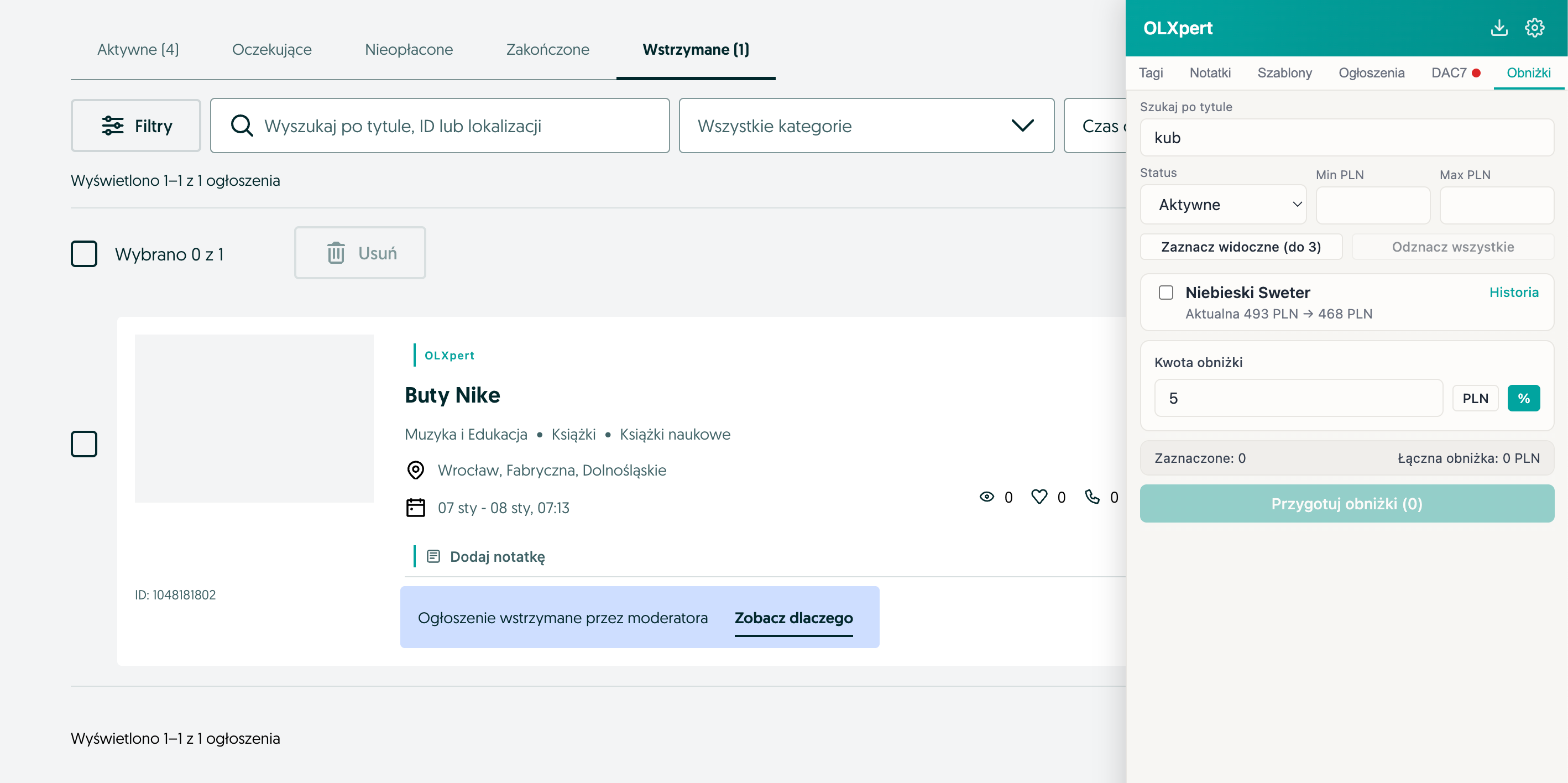 OLXpert — rozszerzenie w akcji na stronie OLX
